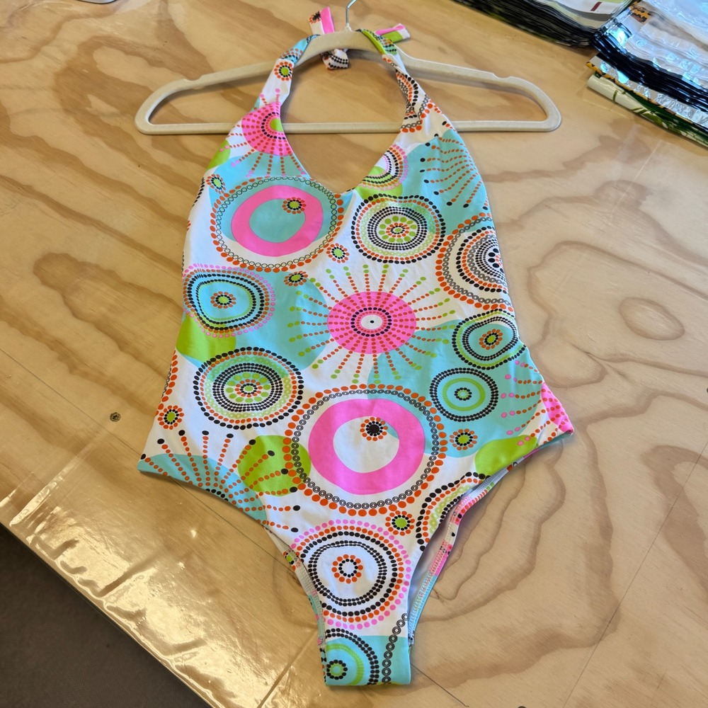 Touche Balneaire‎ One Piece Swimsuit Halter Pink Blue Geometric Print Medium